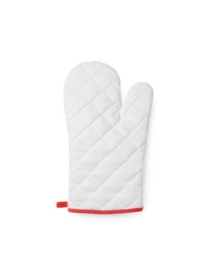 White polyester kitchen mitt with colour edging and hanging strap ROGER