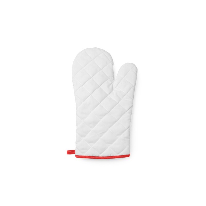 White polyester kitchen mitt with colour edging and hanging strap ROGER